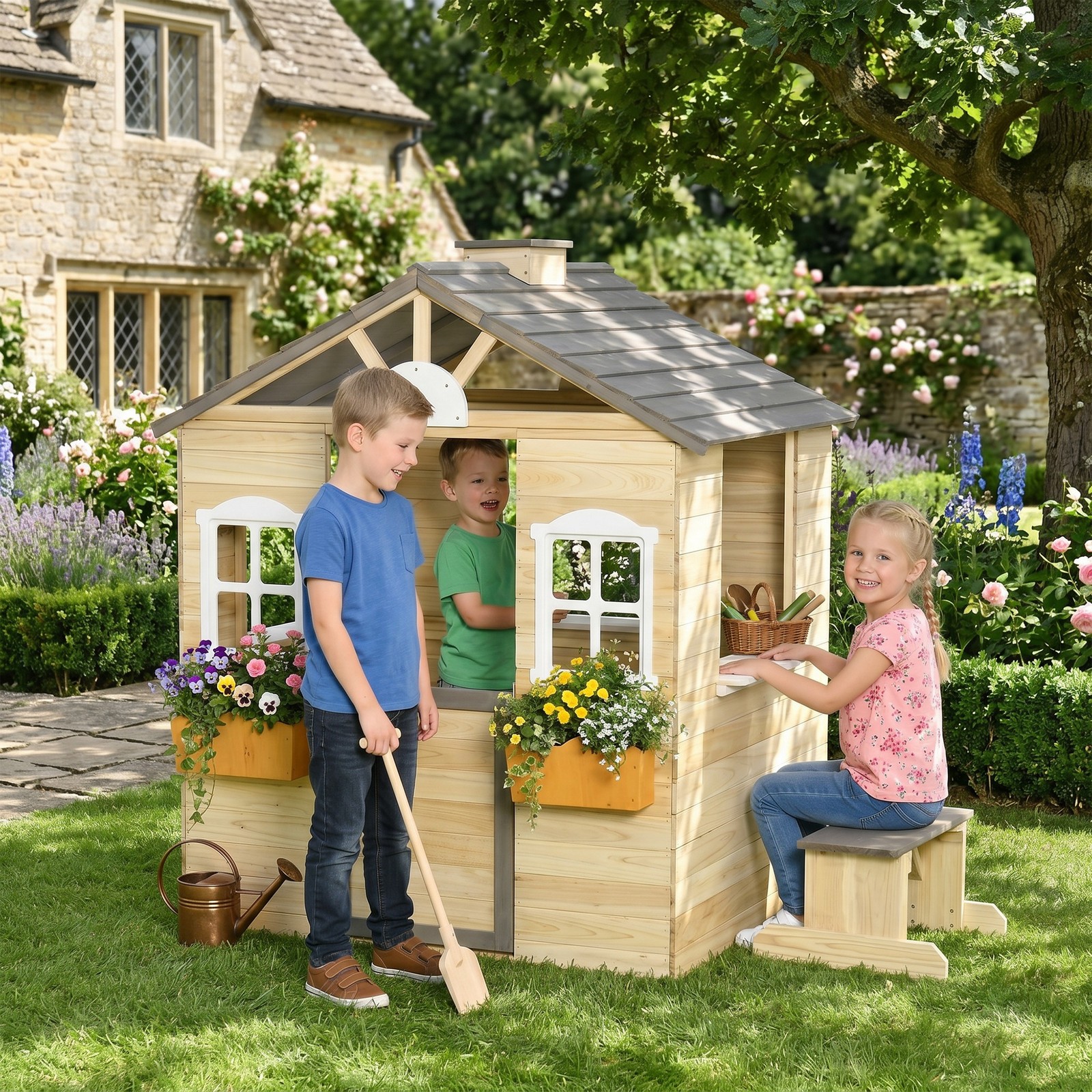 Outsunny Spielhaus für Kinder Holz Kinderspielhaus mit Briefkasten Fenster Natur