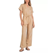 Elan Women Taupe Woven Linen/Viscose Drawstring Waist Casual Jumpsuit Size XS