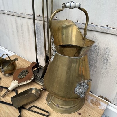 Vintage Brass Fireplace Tool Set Japan + Coal Scuttle Bucket