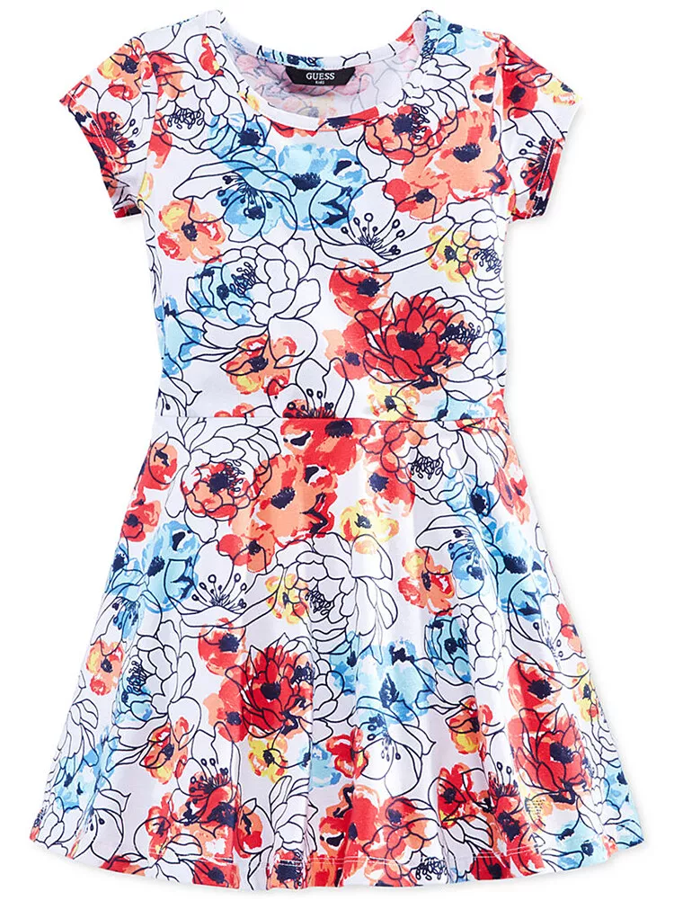 bordado ego Pelágico Guess Girls Floral-Print Skater Dress - Blue &amp; Red Flowers | eBay