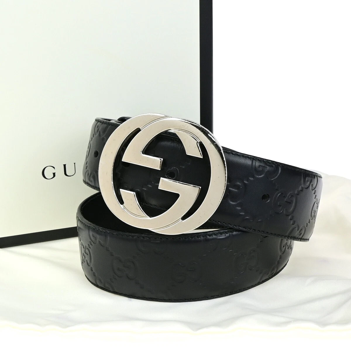 Ceinture GUCCI imbriquée G Guccissima signature taille 32 cuir BK SHW 37YG338