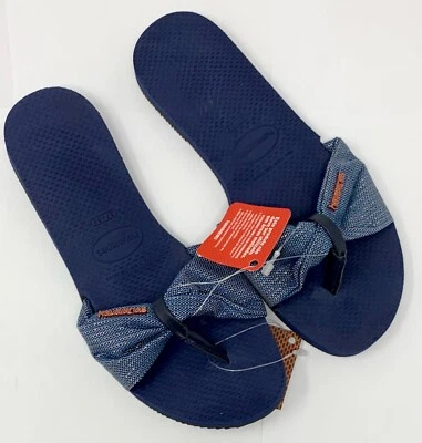 Original HAVAIANAS Womens You St Tropez Shine Bow Flip Flops Navy Blue 7 8 W