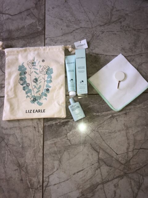 Liz Earle Gift Set 75ml Exfoliate 50ml Toner Cloth Bag & Cloth Hook NEW 