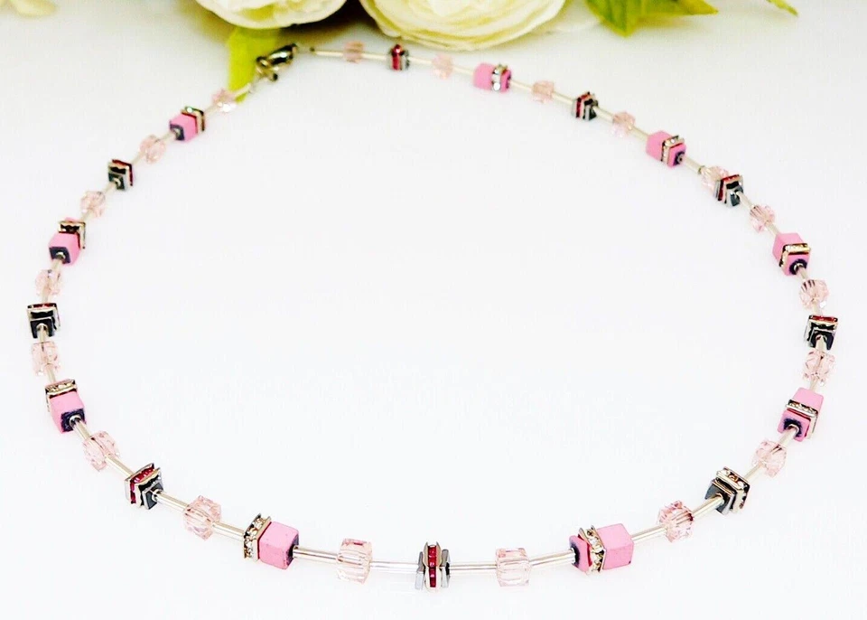 Halskette Würfel Hämatit Quadrat Glas Cube Rosa Strass Kristall Silber 519h - Bild 2 von 4