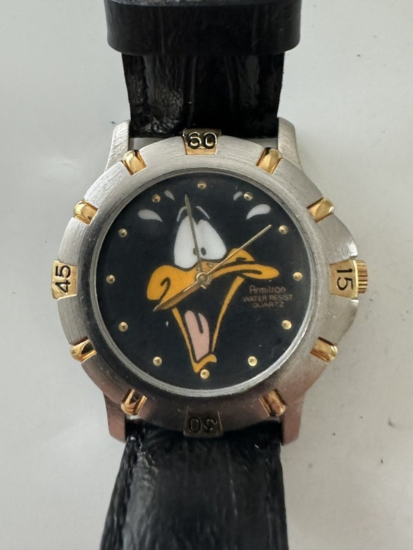 Daffy Duck Armitron Watch  black leather band 1994 NOT WORKING ! *