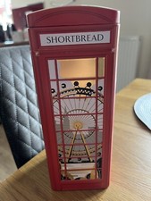 M&S red telephone box empty shortbread biscuit tin. London landmarks. Union Jack