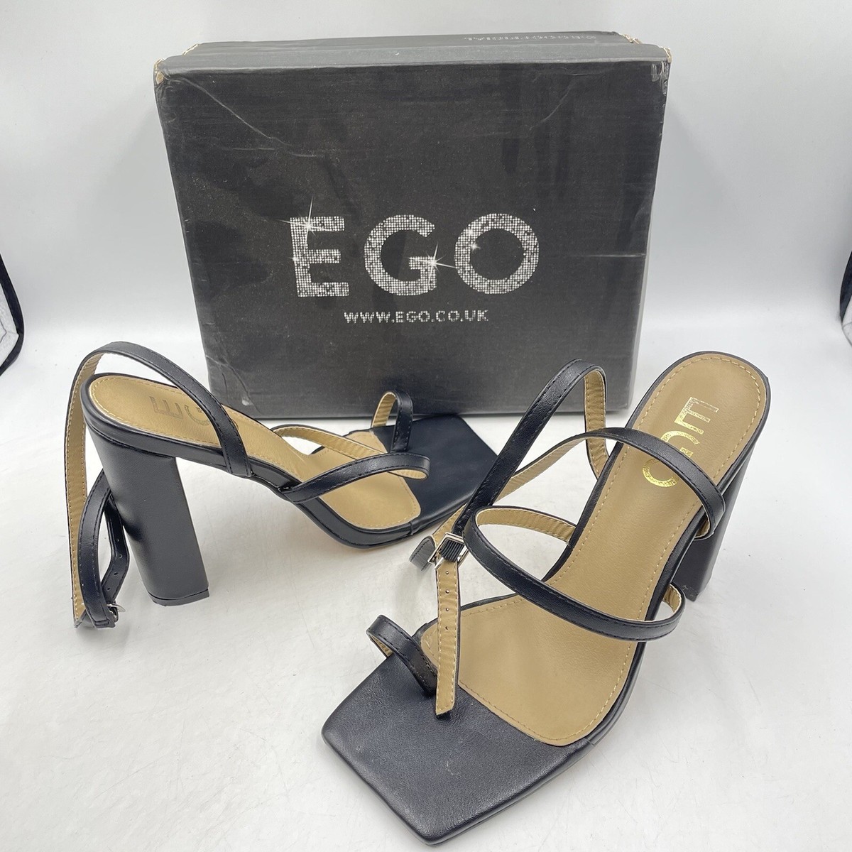 EGO BLACK HIGH HEEL SANDALS COURTS STRAPPY SQUARE TOE Size UK
