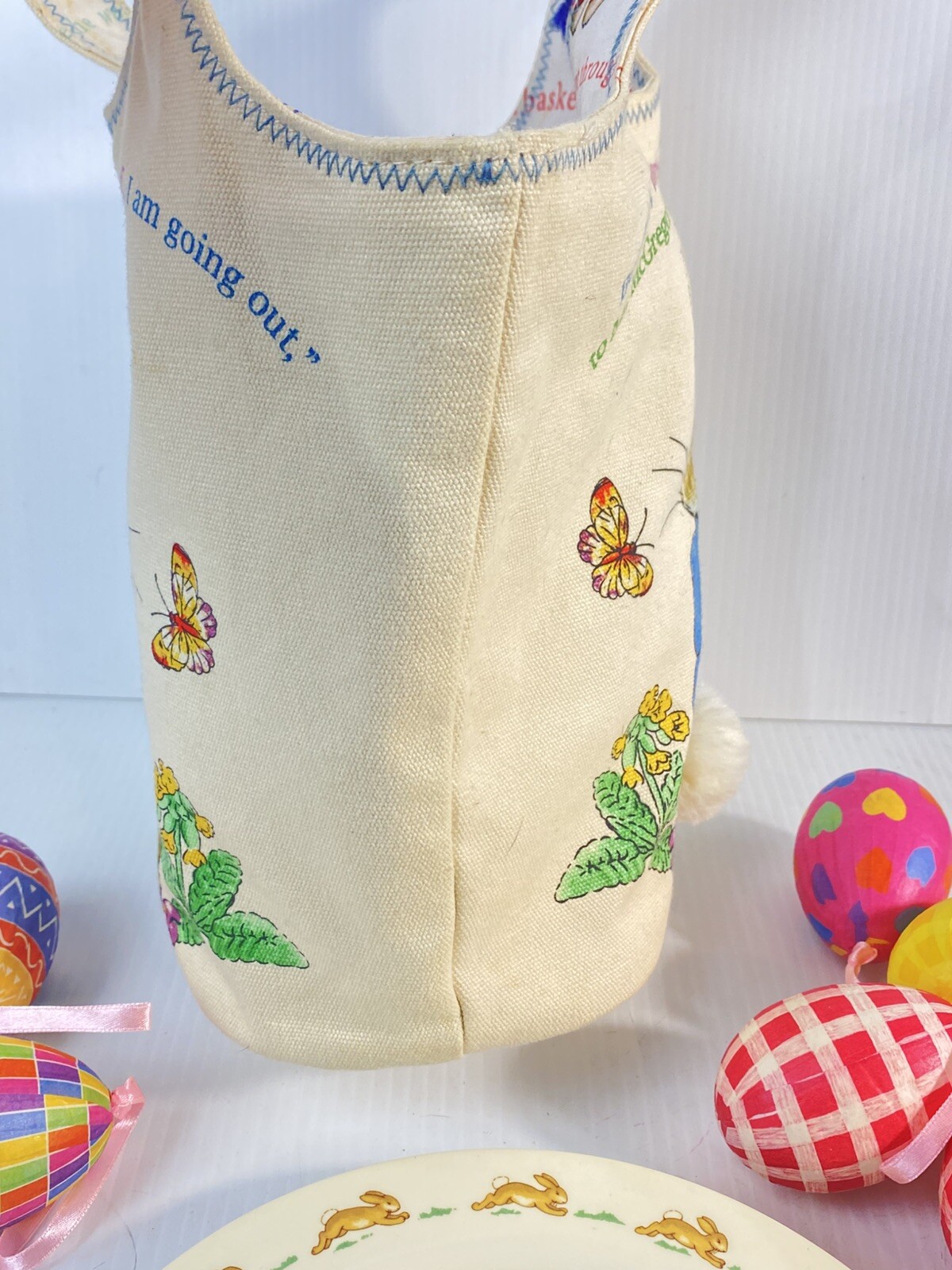 Royal Doulton Bunnykins Plate, Beatrix Potter Canvas Bunny Basket Tote Lot Eggs