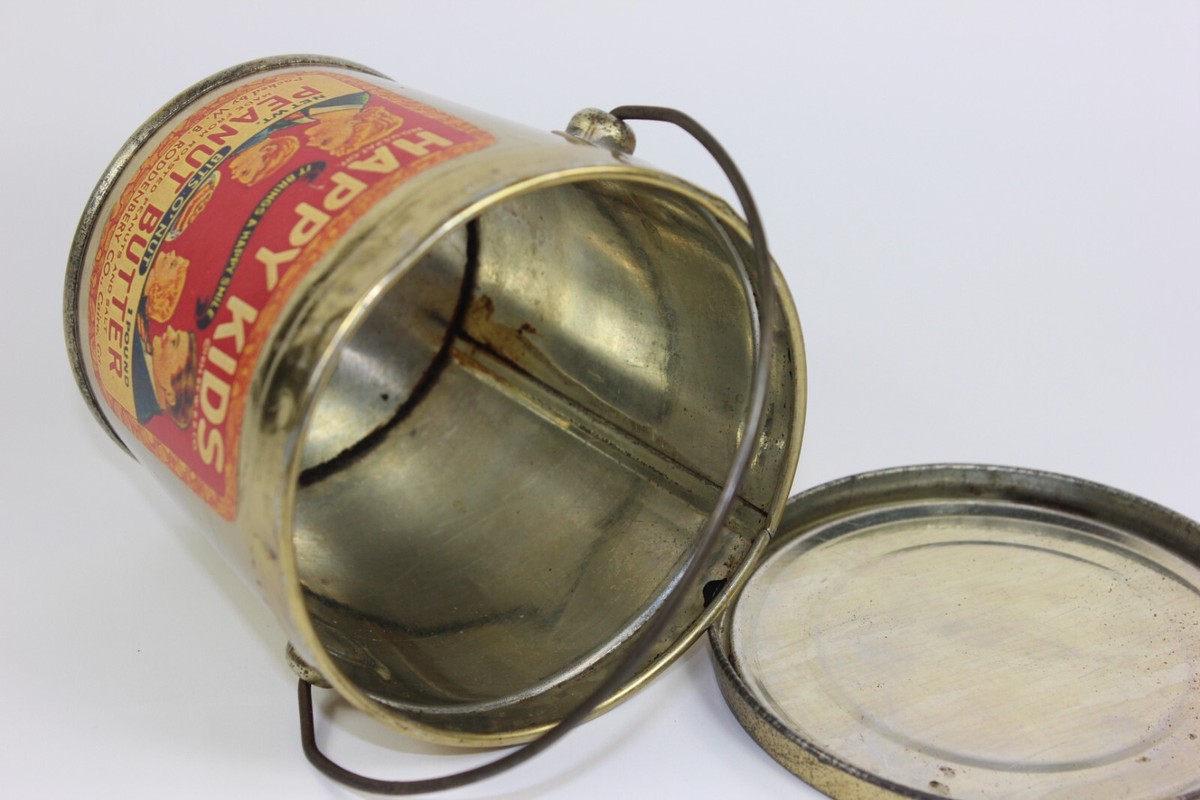 USA VINTAGE peanuts butter 瓶蓋 PEANUT BUTTER TIN EARLY 1930's HAPPY KIDS LITHO 1 LB. CAN