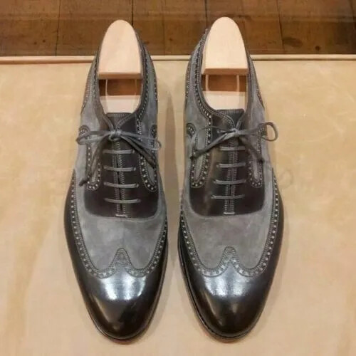 Handmade Gray & Black Leather & Suede Oxford Lace Up Wingtip Dress Shoes For Men