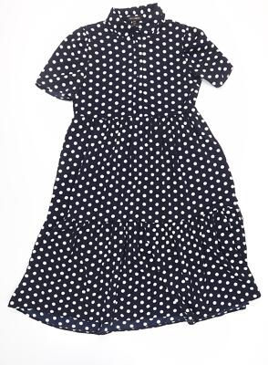 QED London Damen blau gepunktet Polyester Shirt Kleid Größe 10 Kragen Knopf