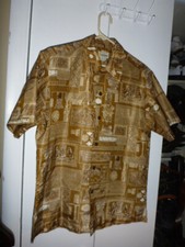 Vintage 1970s Gold Brown White Andrade Honolulu Shirt Hawaiian Button Up Large
