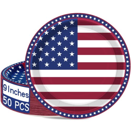 4th of July Decorations 50 Pieces, 9 Inches Paper Plates Heavy Duty, Patrioti...