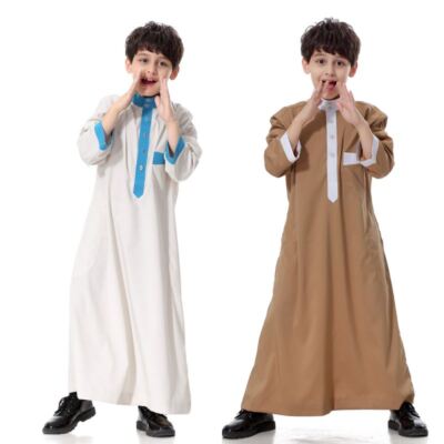 Arab Boys Robe Shirt Thobe Jibbah Loose Burqa Muslim Kids Kaftan Casual Abaya