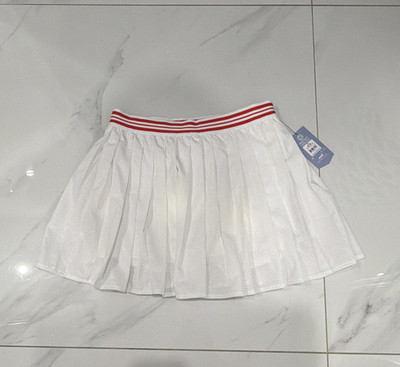 Women's White Pleated Short Skirt Size M Red Striped Elastic Waist Pull On