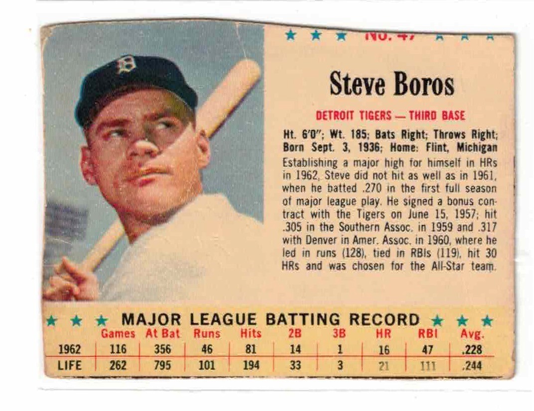 1963 Jell-O #47, Steve Boros, Detroit Tigers, SP, Lower Grade