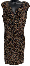 Lauren Ralph Lauren Sheath Dress Women 10 Brown Tan Dot Stretch Ruched Cocktail