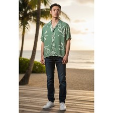 Makai Beach Mens S Tropical Shirt Floral Hawaiian Beachy Button Down Green White