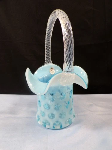 Fenton Blue Opalescent Glass Coin Dot Basket 8 3/4" Tall
