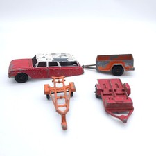 1960s Tootsietoy Ford Red Station Wagon w/ Boat U Haul Motorcycle Trailers Toy