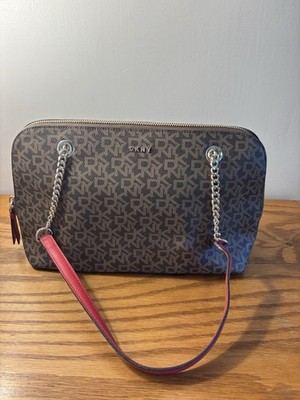 DKNY Bryant Medium Tote Bag Brown/Red Allover Logo Leather Red Chain Strap