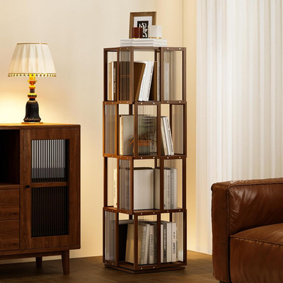 360° Rotating 4-Tier Bookshelf - Stylish Solid Wood Corner Storage Solution