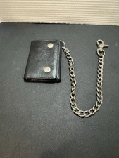 Genuine Trifold Biker Leather Wallet with Chain- Black