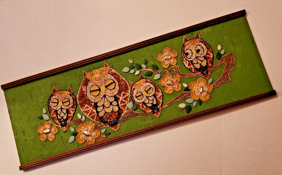 A 37-inch 1960s owl family rendered entirely in gravel and pebble mosaic — absurdly charming, genuinely rare, and an instant conversation starter.