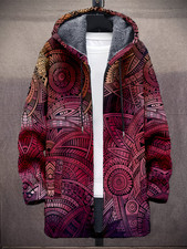 Herren Ethno Mantel Rot mit Kapuze Fleece Gefüttert Winter Jacke Warm