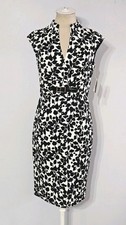 Adrianna Papell Black & White Leaf Print Split Neck Belted Sheath Dress Size 4