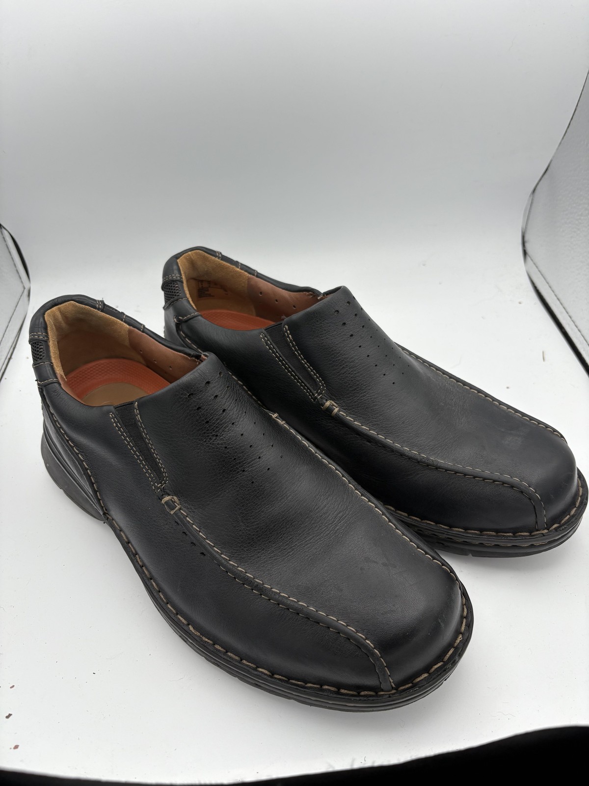 Clarks Unstructured Shoes Mens Size 10 Black Leather Slip On Loafers Casual
