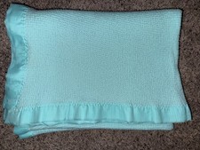 Vtg Baby Morgan Aqua Thermal Acrylic Waffle Weave Baby Blanket 48x32 USA Made