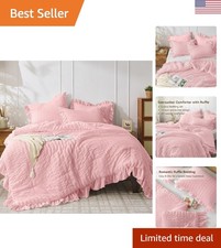 Luxury Ruffle Comforter Set King Pink Seersucker 3-Piece All-Season Bedding