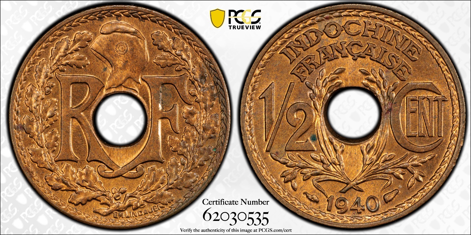 French Indochina 1/2 Cent 1940 PCGS MS 64 RD