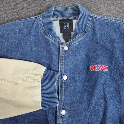 VTG ID Wear REMAX Denim Bomber Jacket Tan Sleeves Men Med Casual Streetwear Y2K