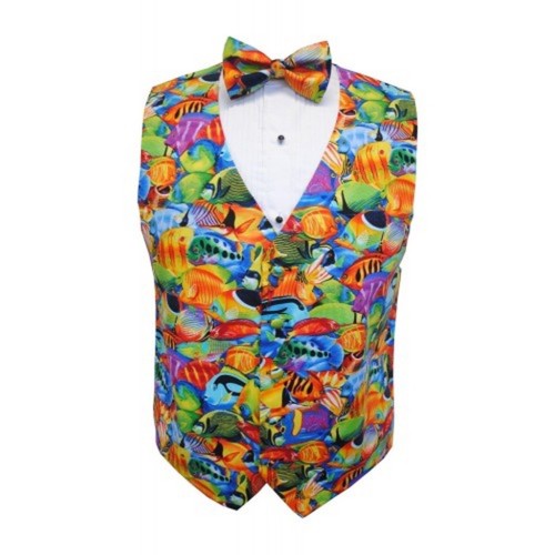 Hawaiian Tropical Salt Water Fish Tuxedo Vest and Bow Tie - Picture 3 of 5