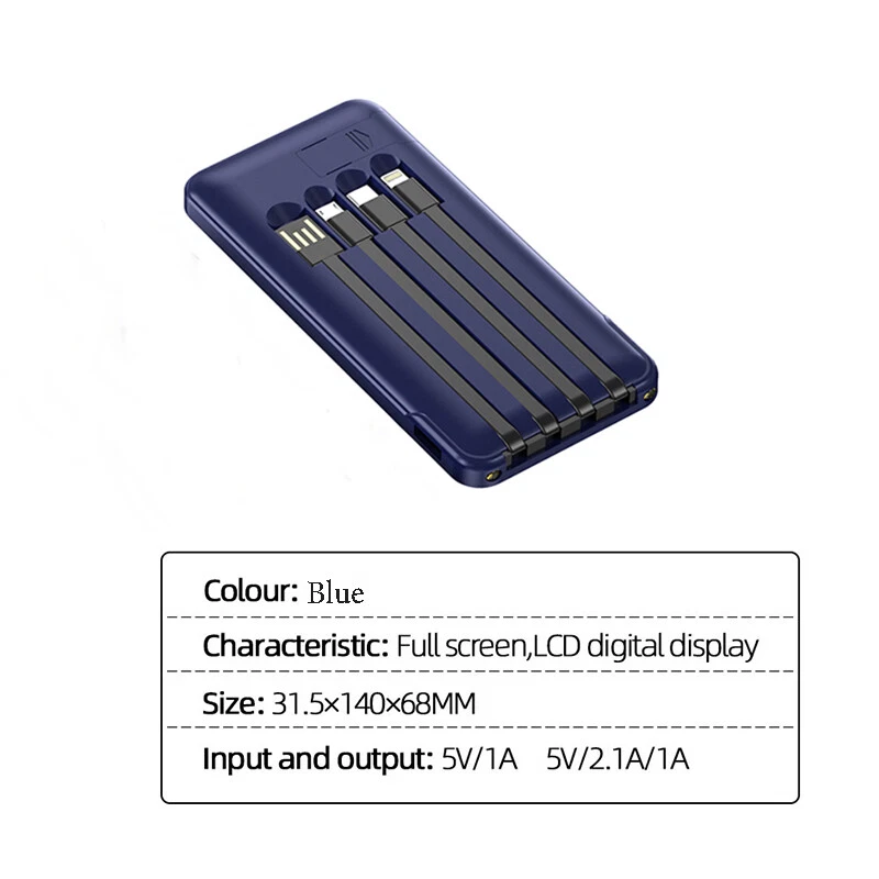 Banco de alimentación portátil de 20000 mAh batería de carga rápida con 4 cables incorporados azul Foto 2 de 4