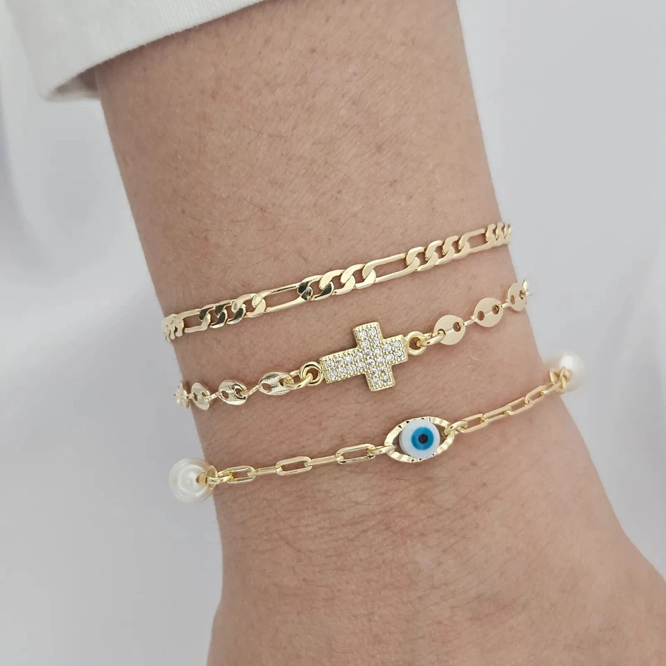 Juego de 3 Brazaletes Cruz Mínima Perla Mal de Ojo Relleno Oro 18k Foto 4 de 4