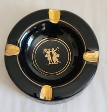 Vintage KE Ceramic Ashtray Hand made 24k Gold trim. Black. 2 figures. Never Used