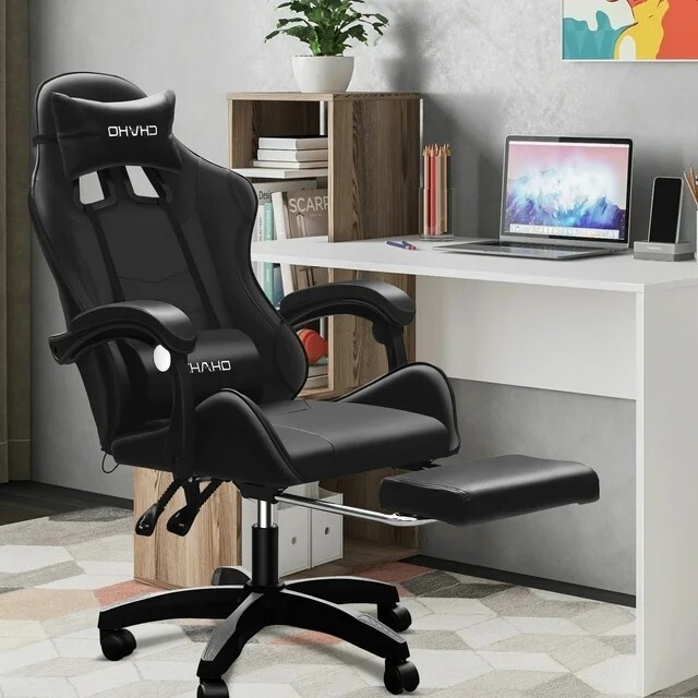 Chair with Footrest and Ergonomic Lumbar Massage Pillow PU Leather