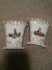 043 VTG Set Porcelain Vases Man & Woman Hand Painted Mountains Gold Edge