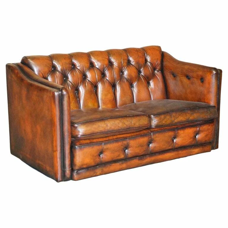 CIRCA 1920 ART DECO FULLY RESTORED CHESTERFIELD BROWN LEATHER SOFA PART SUITE