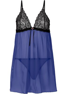 Negligé + String (2-tlg) Gr. 36/38 Saphirblau Schwarz Dessous Nachtwäsche Neu*