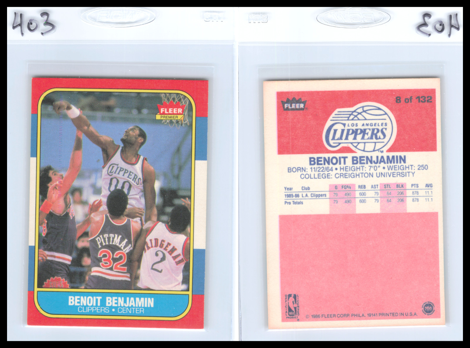 1986 Fleer Basketball #8 Benoit Benjamin Los Angeles Clippers    EXMT    403