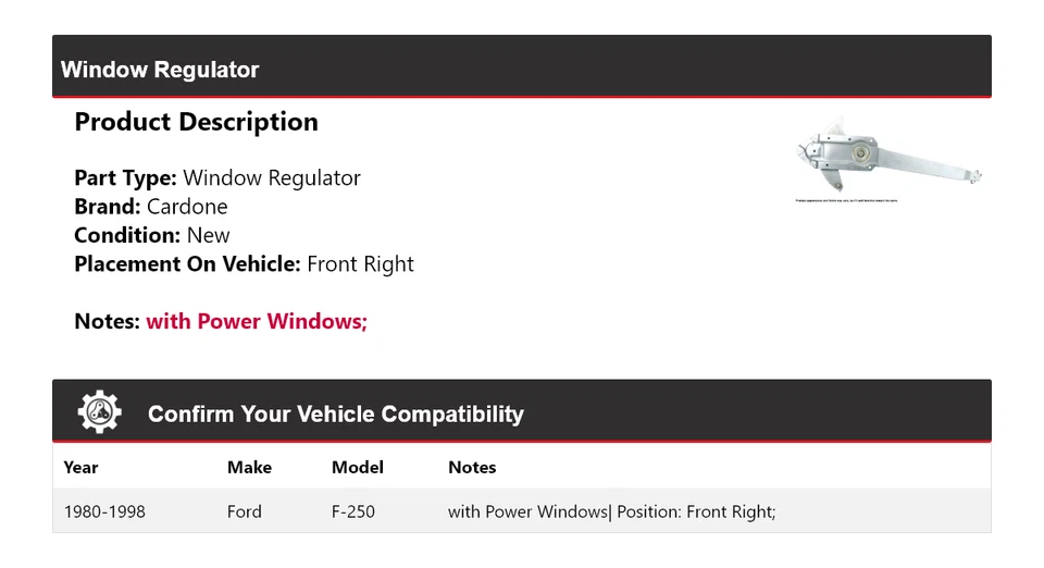 Regulador de ventana delantero derecho Cardone 1981 1982 1983 Ford F-250 1980-1998 Foto 2 de 4