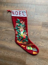 VINTAGE Noel Candle  Needlepoint by hand Christmas stocking Lined 21"