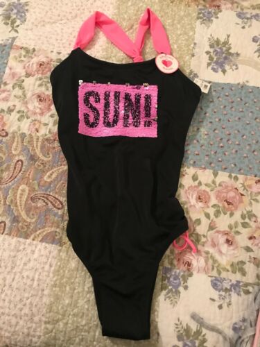 NWT Girls Justice Size 14 One Piece Reversible Sequin Swimsuit