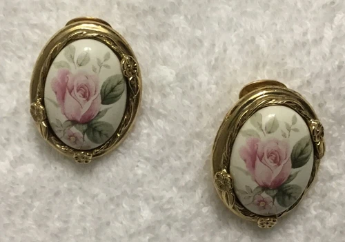 Vintage Costume Jewelry Pink Rose Clip On Earrings White Gold