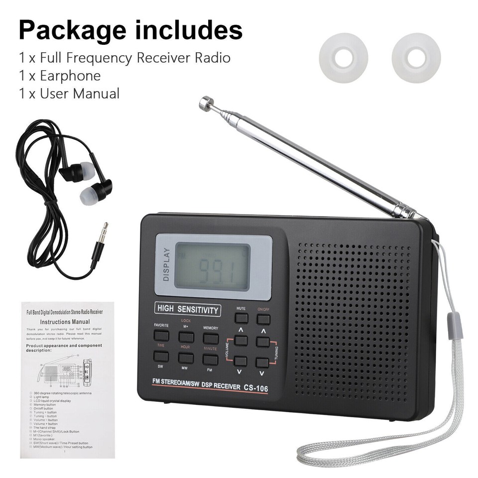 Portable FM/AM/SW/LW/TV Radio Receiver w/Digital LCD Screen Stereo ...