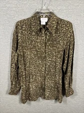 Tess Women Animal Print Long Sleeve Button Up Silk Blouse Size S